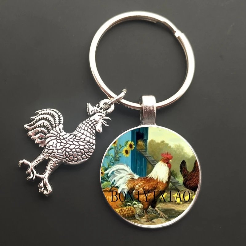 Floral Chicken Rooster Glass Cabochon Keychain Cute Chicken Glass Key Ring Lovely Animal Cock Purse Bag Key Holder for Women