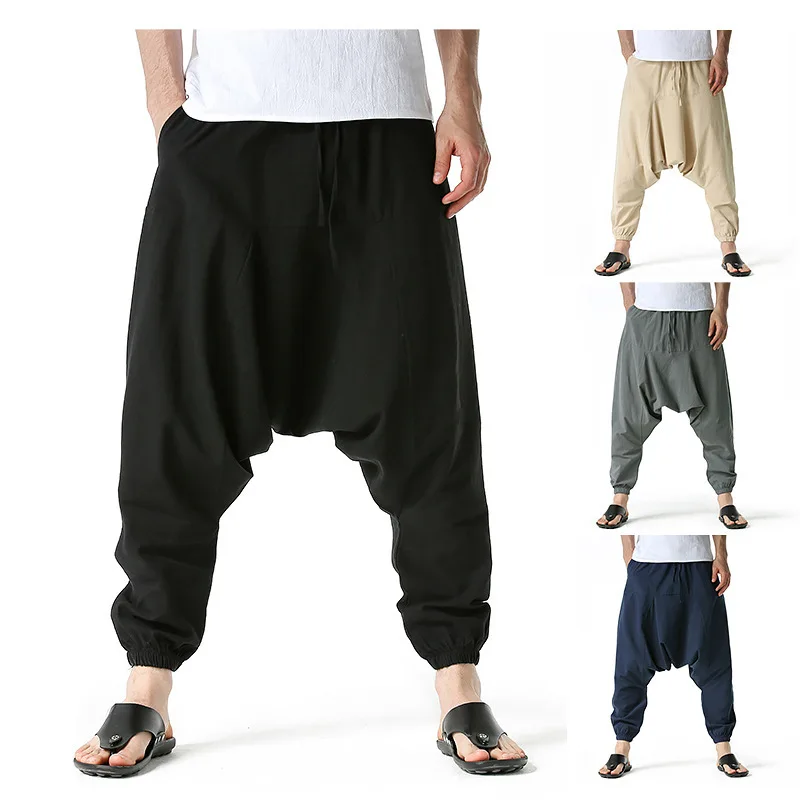 

Men Trousers Hip Hop Cotton and Linen Pants Oversize Loose Joggers Wide Leg Pants Yoga Drop Crotch Harem Pants Baggy Casual New