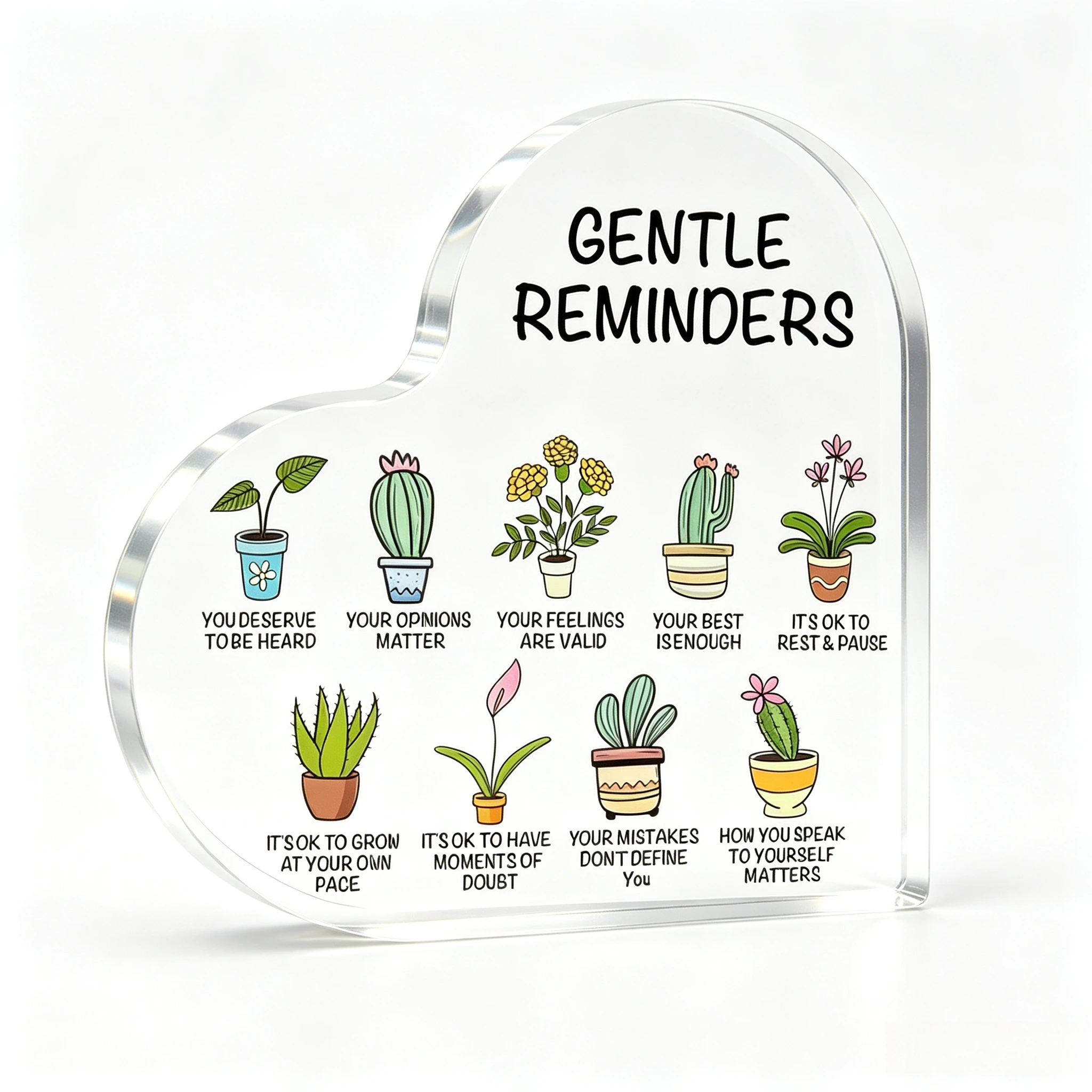 Gentle Reminders Heart‑Shaped Acrylic Tabletop Plaque, Cute Potted Succulent Positive Affirmation Desk Decor