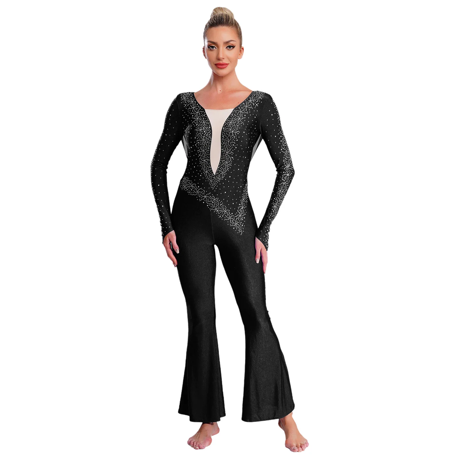 

Womens Rhinestone Latin Dance Rompers Long Sleeve Back Cut Out Mesh Overlay Bell Bottom Long Pants Jumpsuit Cha-cha Dancewear