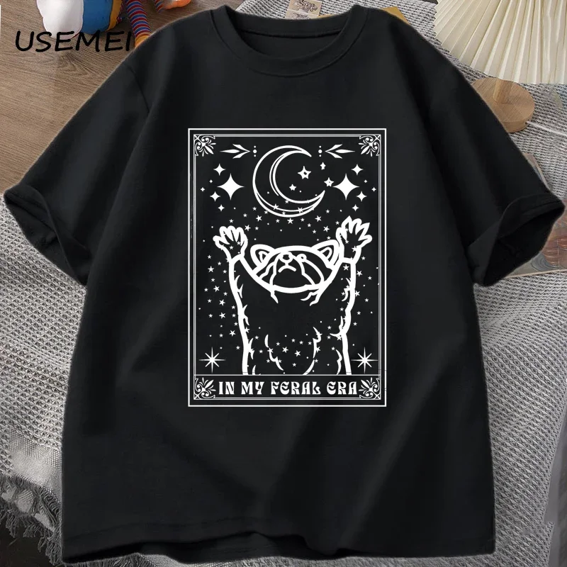 In My Feral Era Raccoon T Shirt Mystical Racoon Tshirt Tarot Card Print T-shirt Summer Cotton Short Sleeve Tee Shirt Men Clothes