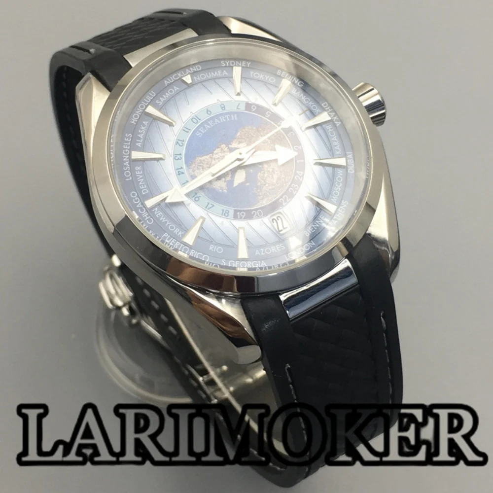 LARIMOKER 40MM Stainless Steel Watch NH35 Automatic Movement 6 O’clock Calendar Glass Back Cover Blue Green Dial Green Luminous