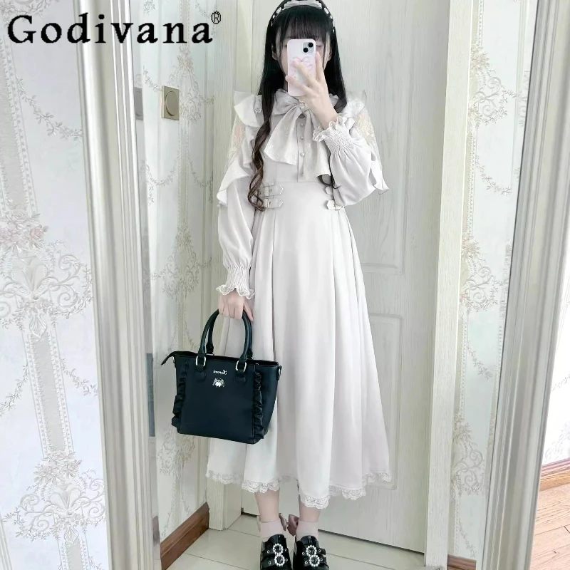 ญี่ปุ่น Rojita ลูกไม้ Ruffle ชุดผู้หญิงขอบเอวแขนยาวหญิงฤดูใบไม้ผลิ Subculture เอวสูงชุดยาว