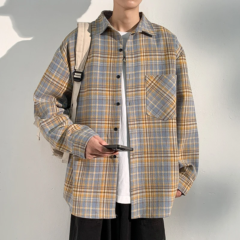 

Vintage Japanese Plaid Shirts Streetwear men women loose lazy clothes 5XL Long sleeve Button Up Blouse Harajuku Oversized Shirts