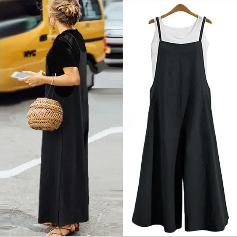 Two Pieces Outfits Woman Sleeveless Strap Jumpsuit Solid Color Wide Leg Loose Fit Bib Overalls Casual Summer Y2K Cozy Streetwear