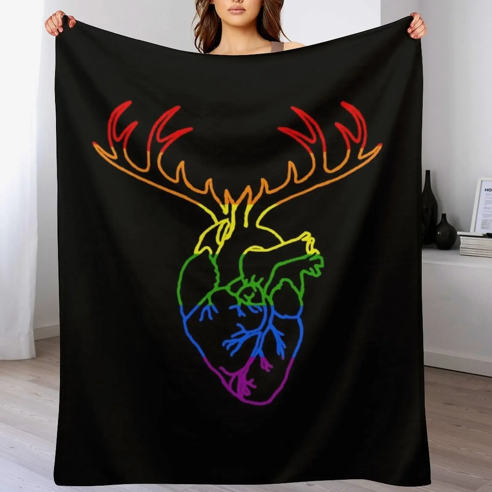 rainbow antlered anatomical heart black Throw Blanket Fade Resistant Durable Throw Blanket