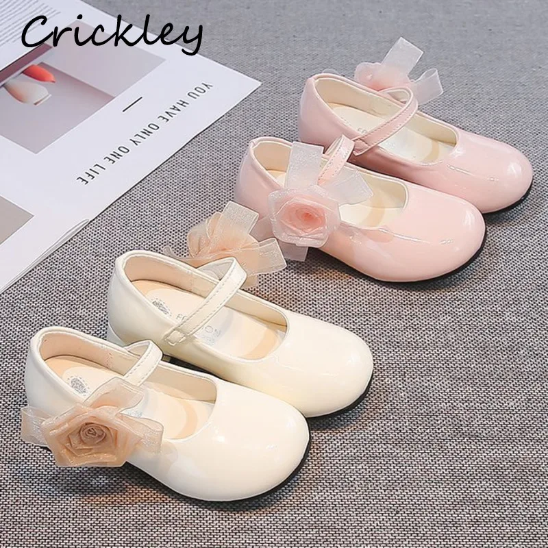Flowers Rose Girls Princess Shoes Ribbon Solid PU Leather Kids Low Heel Shoes Hook Loop Dancing Children Party Shoes