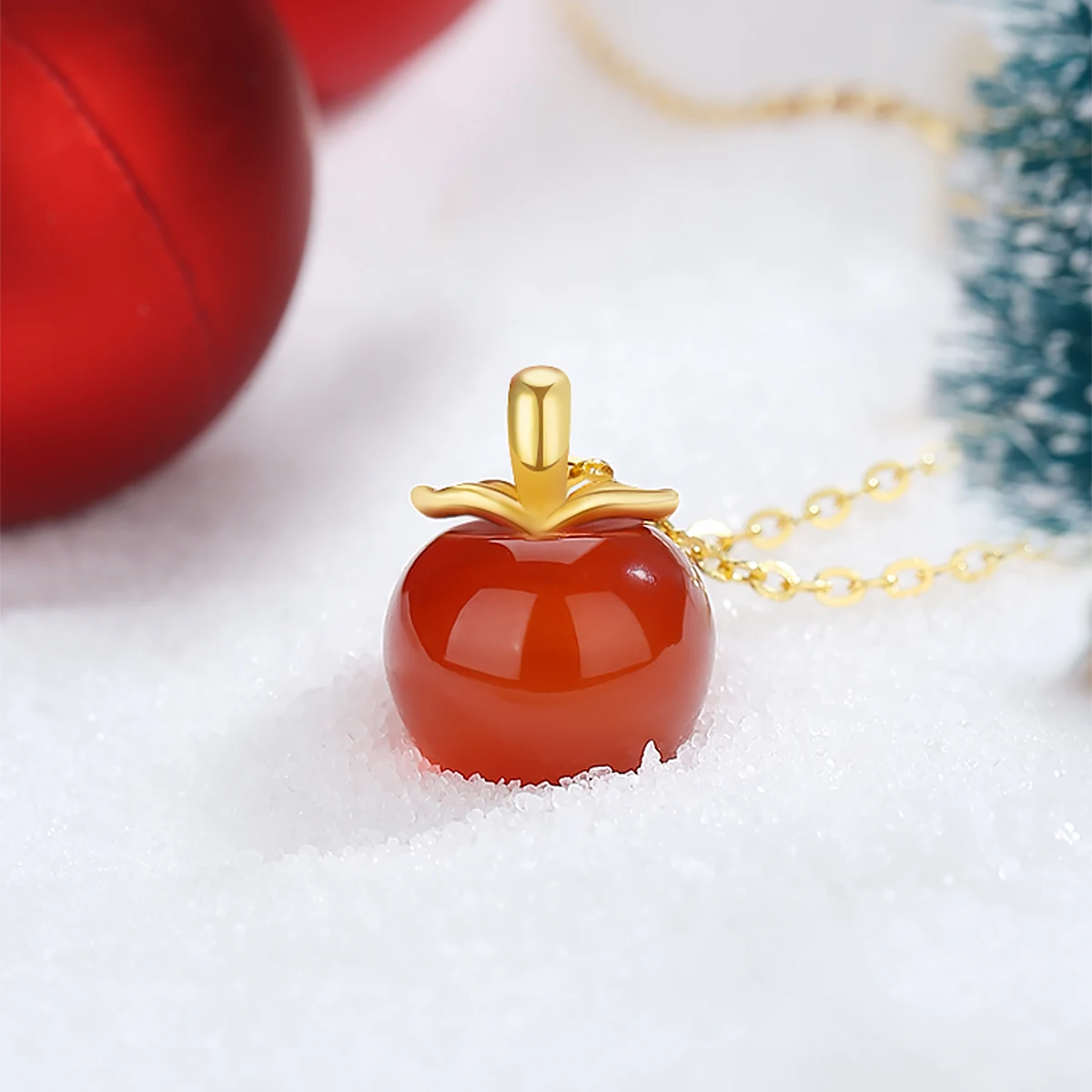 18K Gold Necklace Pendant Natural Red Agate Red Apple Fine Jewelry Minimalist Style Collarbone Necklaces Woman Birthday Gift