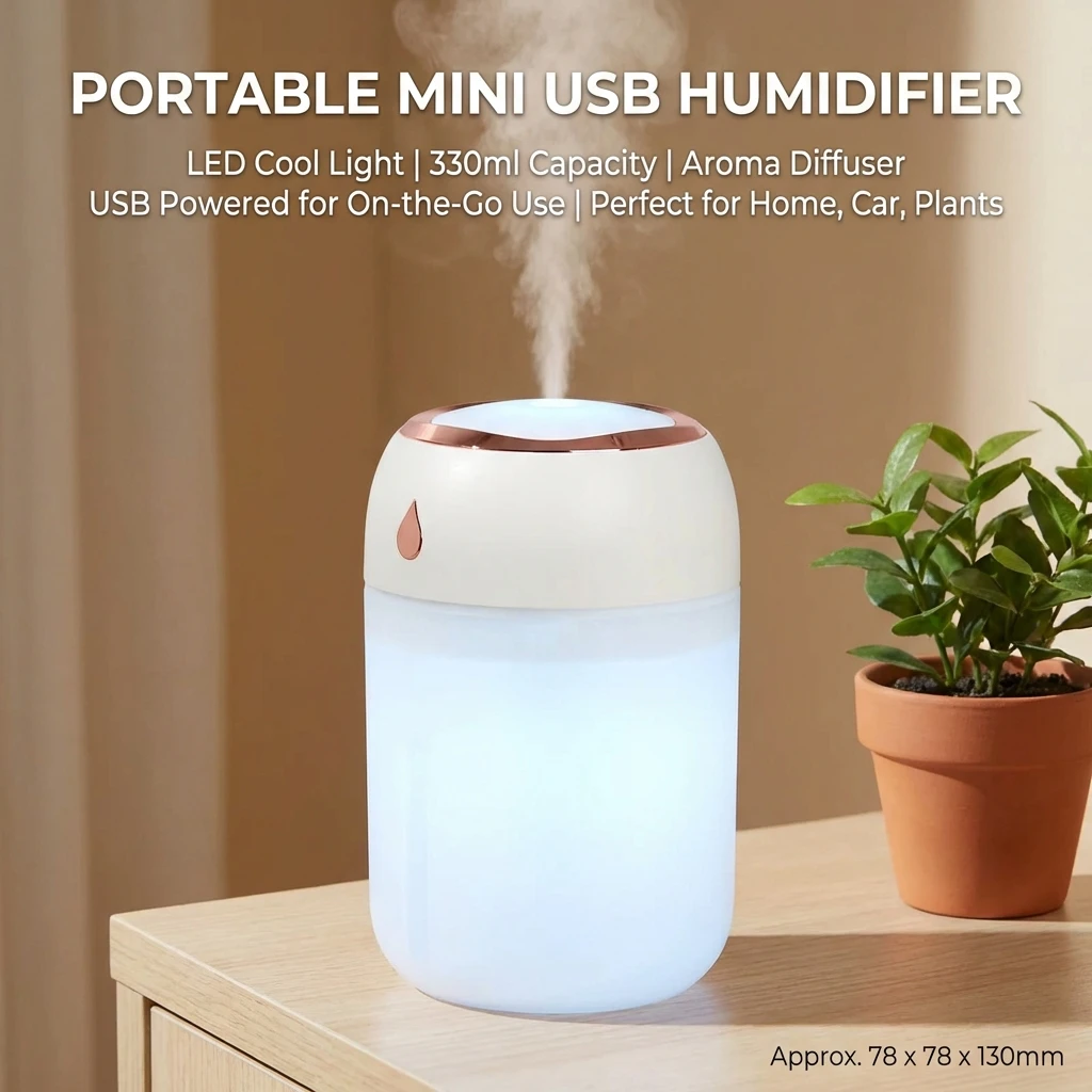 330ml Mini USB Air Humidifier Portable Aroma Diffuser with LED Cool Light for Room Home Car Plant Mist Purifier