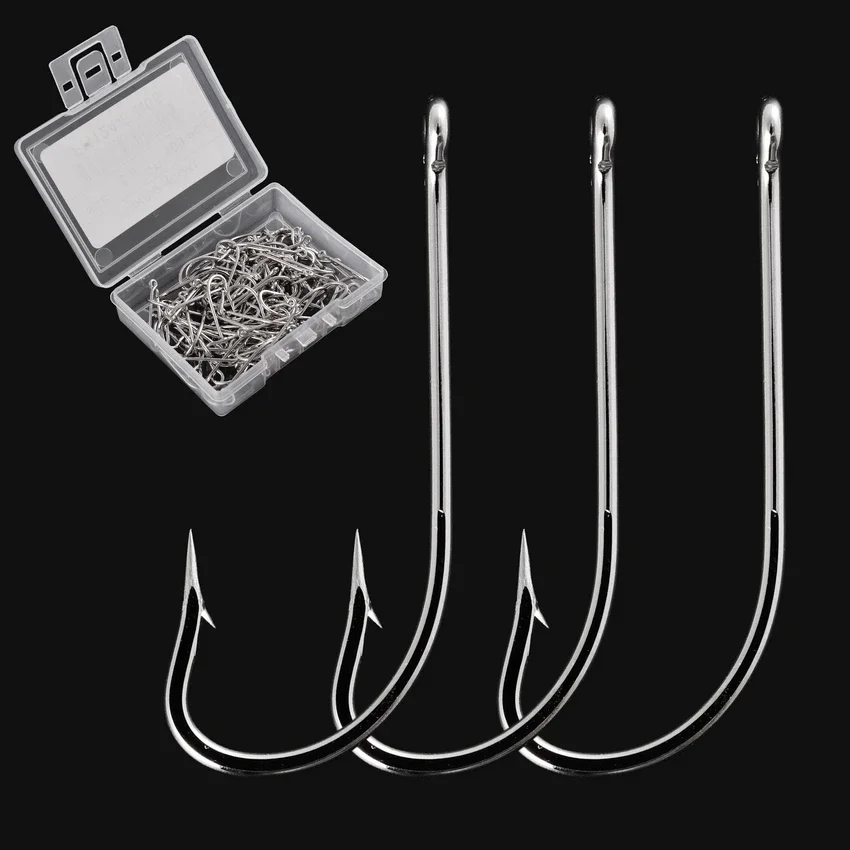 100pcs/ Box Jig Hooks Stainless Steel Big Long Shank Fishing Hooks Sea Pint Hook Fishhook Set with Eyes Barb Fishing Accessories