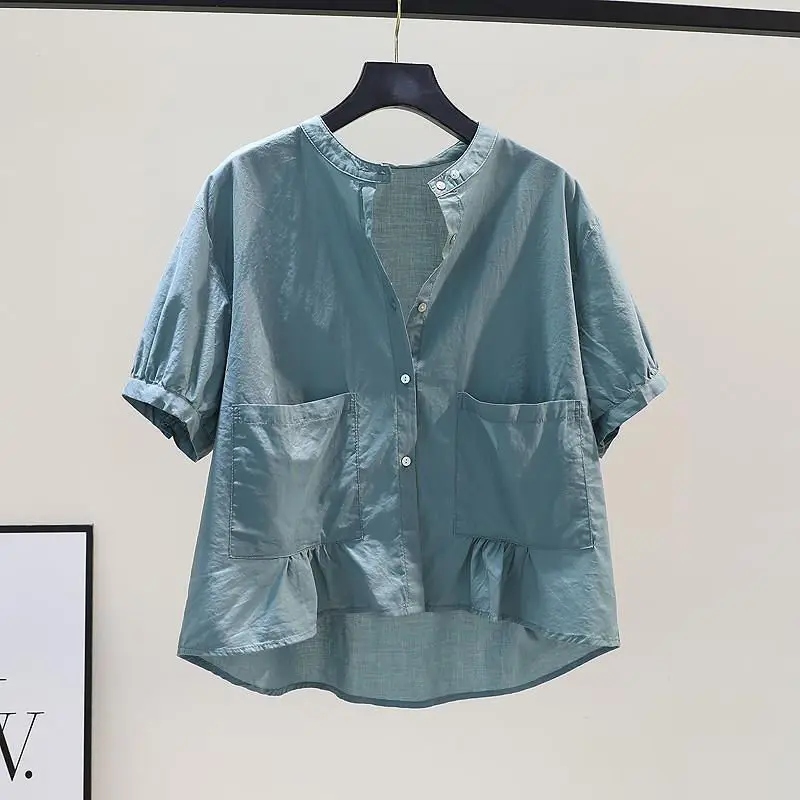 Casual O-hals Zakken Patchwork Losse Shirt Tops Zomer Nieuwe Effen Kleur Office Blouse Mode Vintage Dameskleding