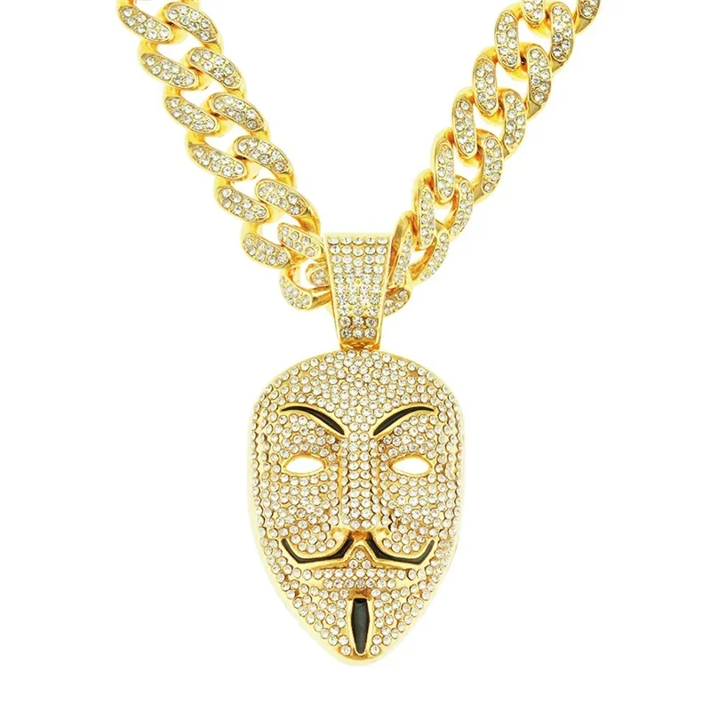 Hiphop V For Vendetta Anonymous Mask Pendant With 13mm Cuban Chain Necklace For Men Women V Mask Choker Fashion Jewelry