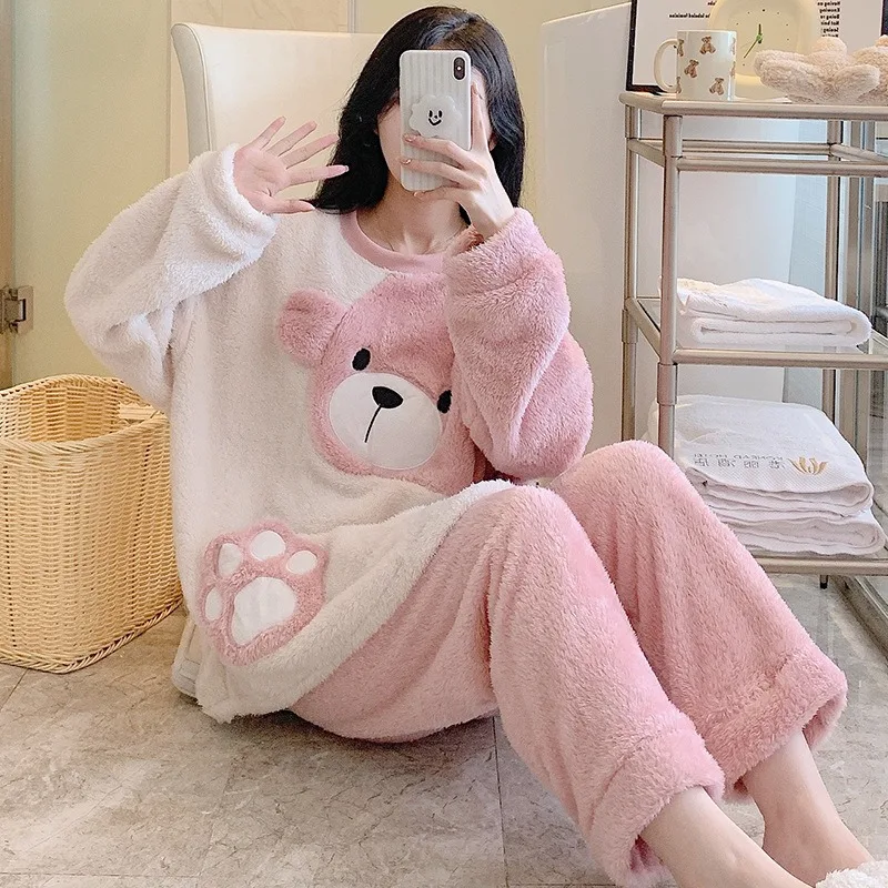 Sevimli karikatür peluş kadın pijama seti 2023 kış sıcak yumuşak Kawaii ayı Aleepwear uzun kollu üstler ve pantolonlar Loung ev tekstili PJ