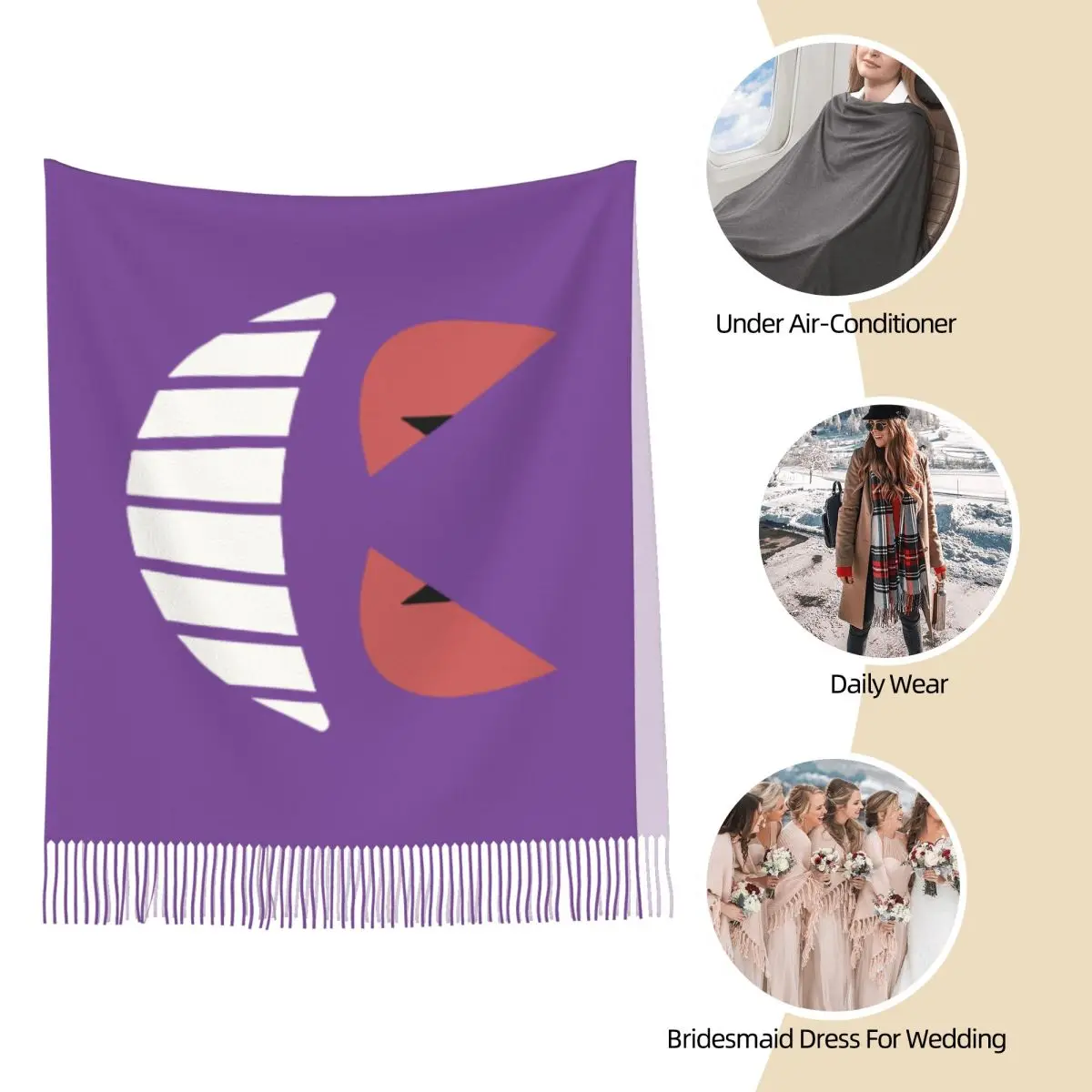 Womens Scarf with Tassel Pokemon Gengar's Face Large Winter Fall Shawl and Wrap Cartoon Anime Game Daily Wear Pashmina Scarves