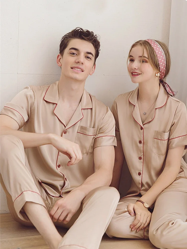 New Pajama Couple Set High Quality 100% Mulberry Silk Short Sleeve Home Clothes