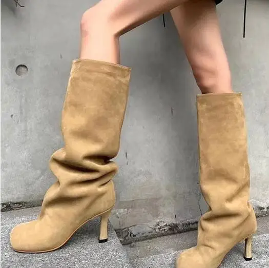 

Apricot Black Pink Suede Big Calf Square Toe Knee High Boots Women Tube Slip On Patchwork High Heel Run Way Long Botas Shoes