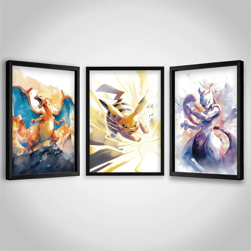Pokemon Anime Watercolor Canvas Wall Art Pikachu Charizard Lucario Mewtwo Print Poster Gifts Bedroom Living Room Kids Room Decor