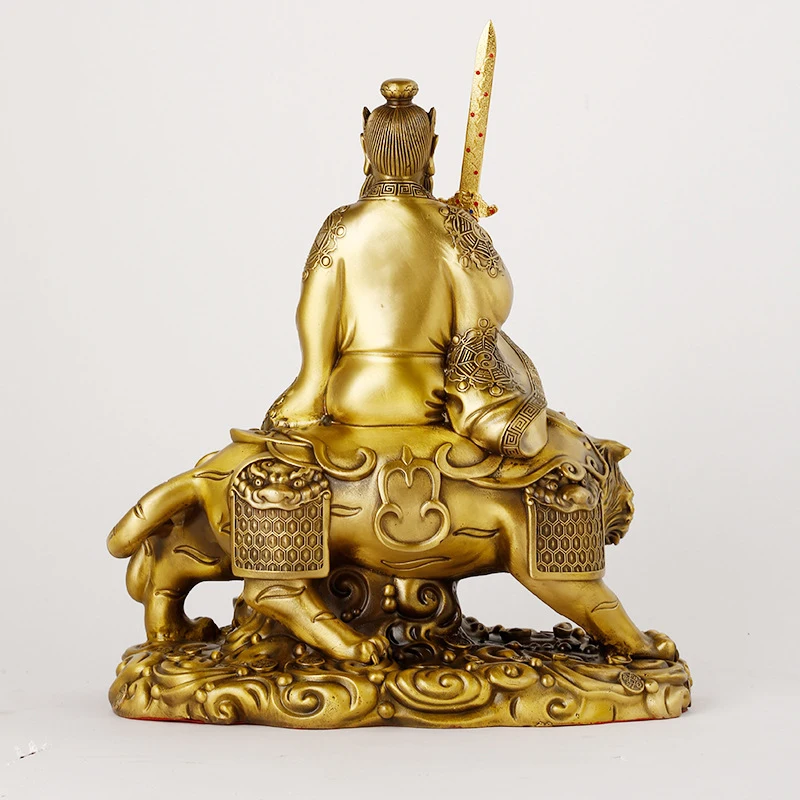 Brass statue of Zhang Tianshi riding a tiger, Zhang Daoling statue holding a sword from Longhushan, decorative craft item