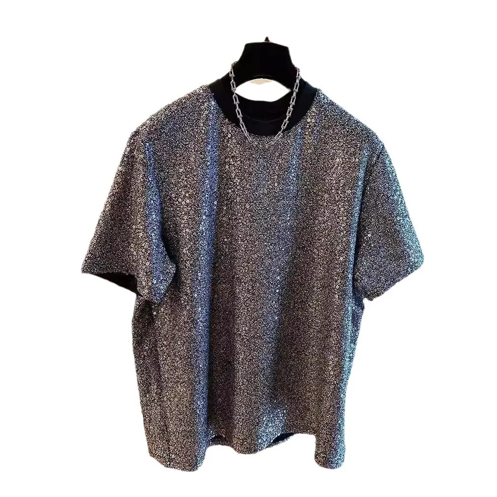 Sequin T-shirt Men's Chic Shirt Shiny Short Sleeve Shirt O Neck Loose Tee Pullover Men's Party Clothing Hip Hop Streetwear