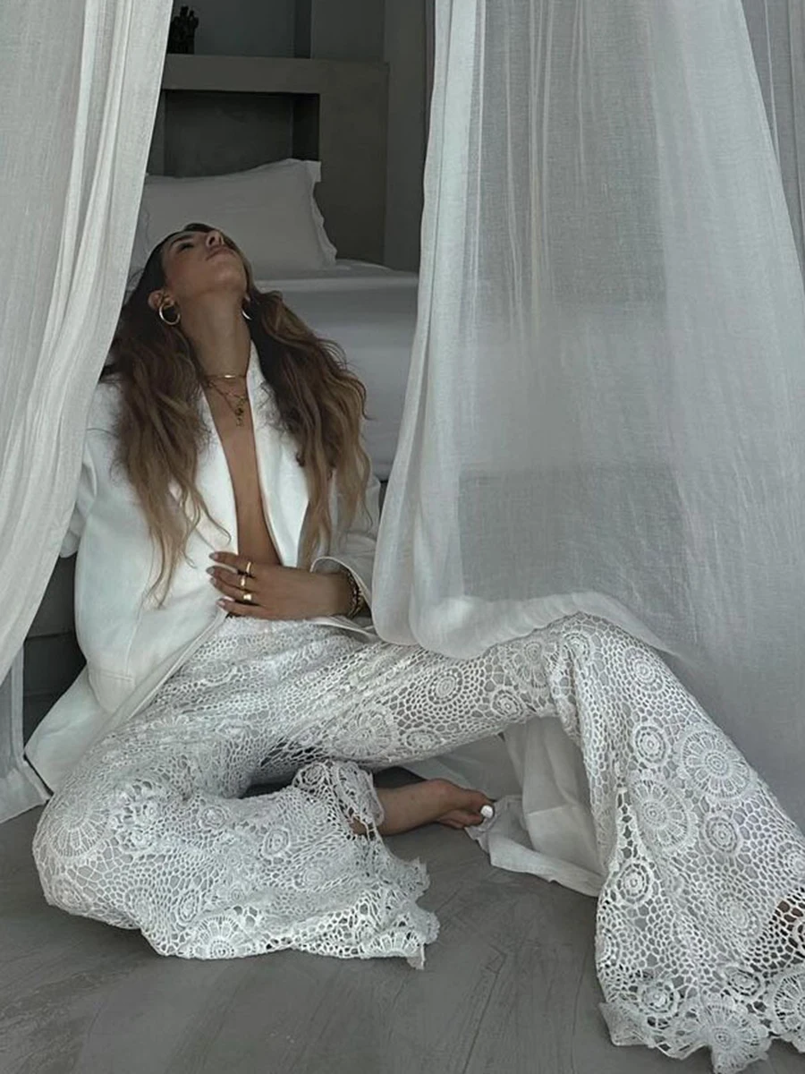 

White Hollow Out Flare Pant Women 2025 New High Waist Flower Crochet Sheer Casual Trouser Summer Beach Holiday Sexy Casual Pant