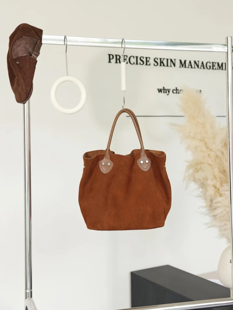 Retro Frosted Suede Tote Bag Women's Large-capacity Genuine Leather Handbag Commute Bag Lightweight Storage Shopping Bag