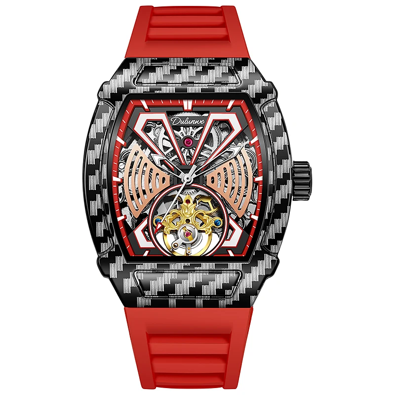 Dulunwe Tourbillon Design رجال الأعمال ساعة ميكانيكية موضة حزام مطاطي ساعات أوتوماتيكية للرجال Reloj Hombre