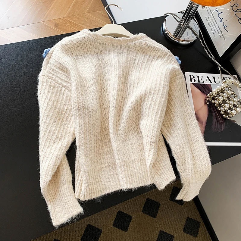 Ele ثلاثية الأبعاد سترة مشغولة من الصوف للنساء الخريف الشتاء مكافحة الشيخوخة تنوعا سترة Quali الصوف تصميم الأزهار Faionable