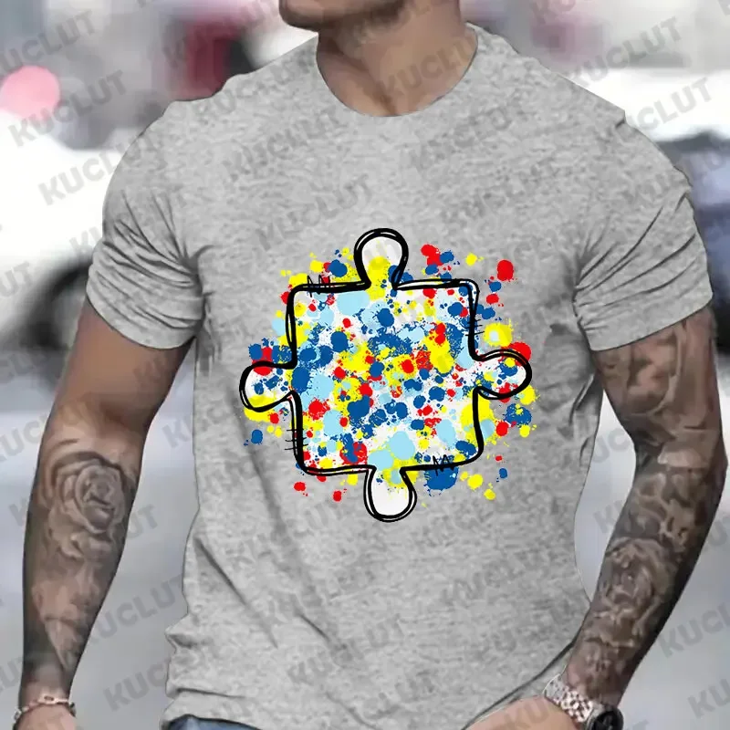 Men\'s T-Shirt Autism Awareness Puzzle Piece Print Male Tshirt Casual Fashion Soft Fashion Tees Clothing Harajuku Graphic Tops