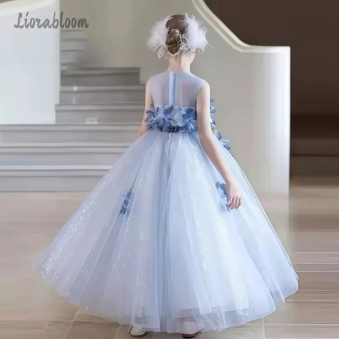 Elegante Abito Formale da Bambina Blu Stile Fata, Vestito Soffice in Tulle per Damigella, Abito da Cerimonia per Matrimonio