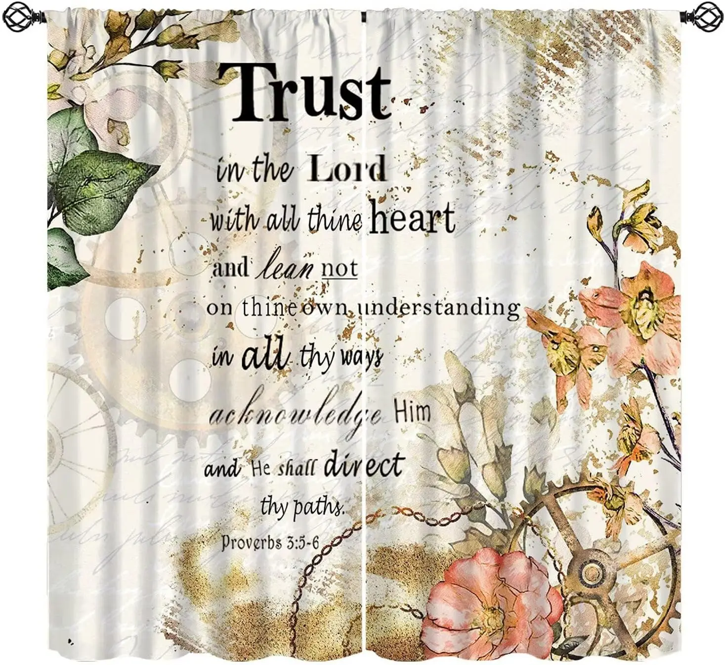 Bible Christian Scripture Curtain Verse Quotes Vintage Floral Wildflower Window Treatments Motivational Positive Inspirational