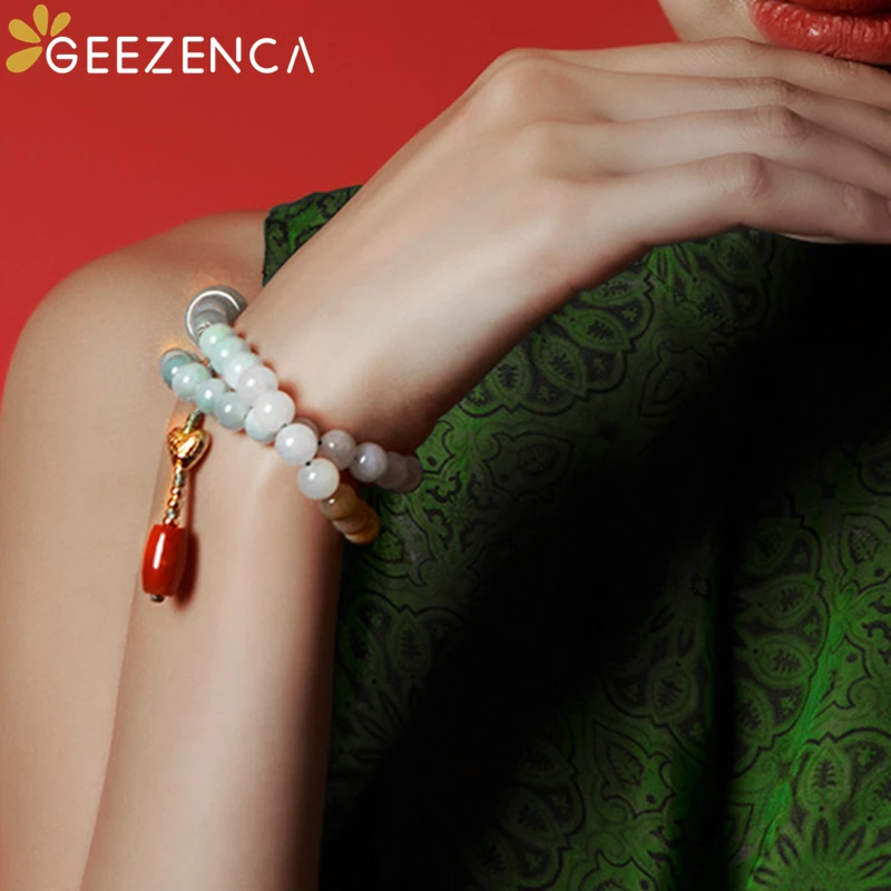 GEEZENCA Natural Jadeite Agate 925 Silver Double Loops Beaded Bracelet For Women Luxury Vintage Strand Bracelets 2023 New Gift