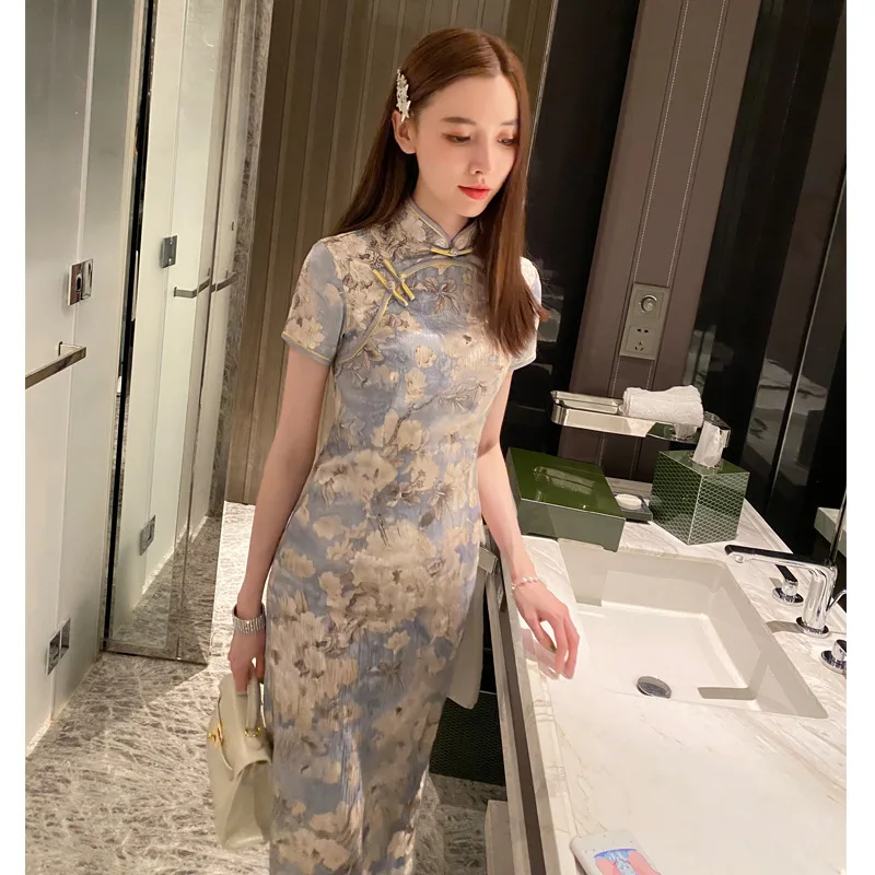 

2022 Summer Blue Cheongsam Short Sleeve Vintage Long Dress Slim Wedding Costume Slim Floral Qipao S To 2XL