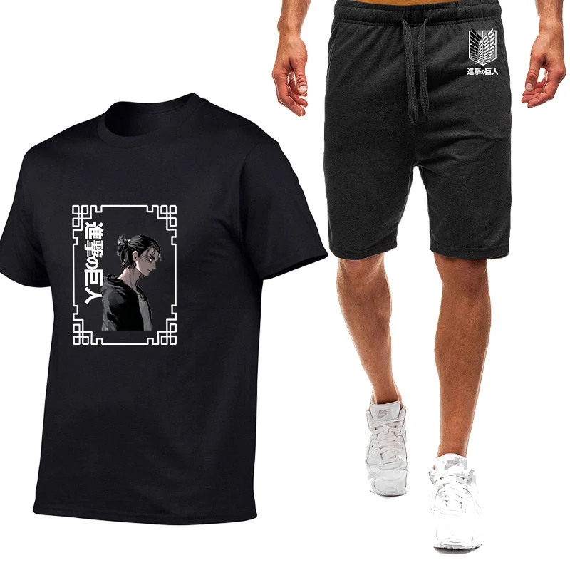 

2023 New Men's Fashion Attack on Titan Printing Solid Cotton T-Shirt Comfortable Casual Summer Short-Sleeved Shorts 2-Piece Set