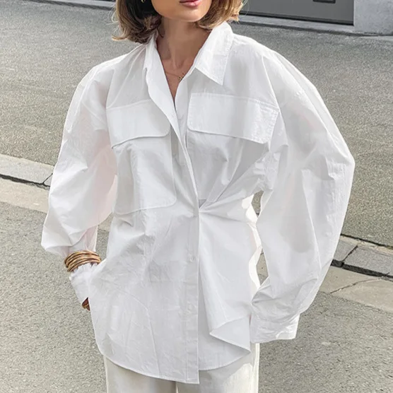 

Осенняя женская блузка из чистого хлопка с отложным воротником и пуговицами, облегающая женская рубашка, повседневная рубашка в стиле минималист для женщин