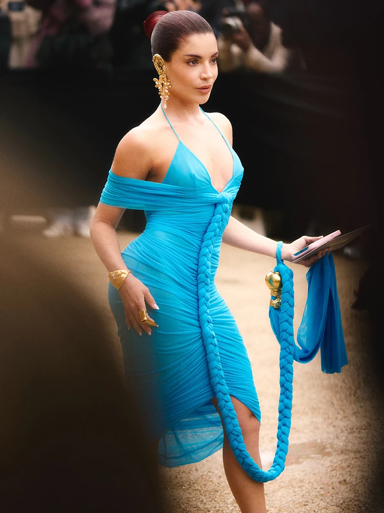 فستان مكشكش شبكي أزرق منسوج مثير - فستان حفلات برقبة رسن مكشوف الأكتاف مع فتحة عالية شفافة للحفلات والنوادي #2