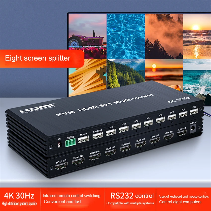 

HDMI Multi Viewer 4K KVM 8-division Keyboard Mouse Synchronou Computer Converter Screen Splitter 8x1 KVM Splitter With IR RS232