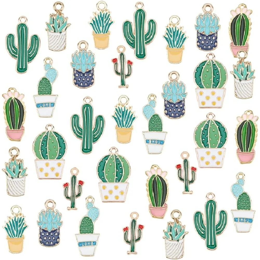 48pcs 8 Styles Cactus Charms Tropical Pendant Succulent Plant Enamel Charms Summer Desert Plant Enamel Dangle Charms Beads