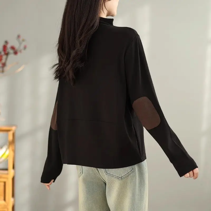 2024 Korean Style Fashion Semi High Neck Contrasting Patch Long Sleeve T-Shirt Versatile Casual Loose Base Sweatshirt Top A128