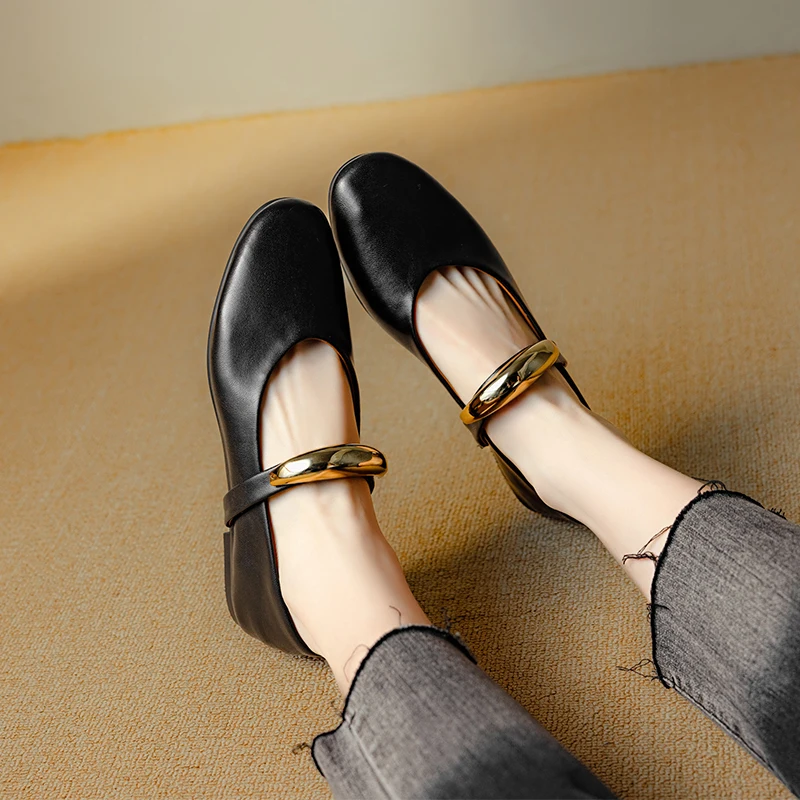 Spring Genuine Leather Ballet Shoes Women's Round Toe Flat Single Shoes Golden Buckle Lazy Loafers One Word Band Mary Jane Shoes