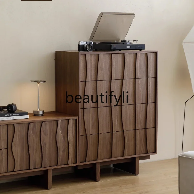 D80 Nordic black walnut solid wood four-chest cabinet master bedroom drawer cabinet living room wall sofa medieval cabinet