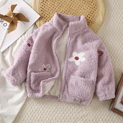 Children Clothing Candy Color Fleece Warm Coat With Cartoon Print Infant Toddler Boy Girl Lovely Outdoor Windproof Plush Jacket