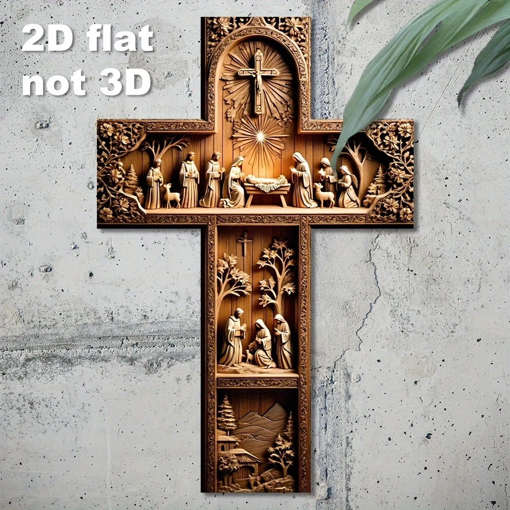 Decoração de parede plana em forma de cruz 2d, jesus cristo, madeira reciclada, religião cristã, cena artística, decoração de casa, design à base de fé