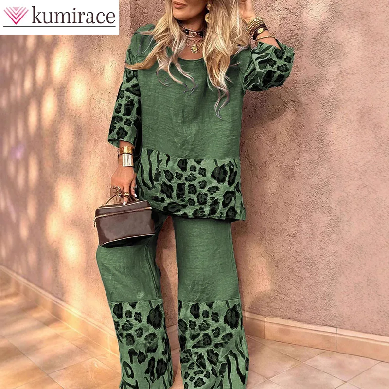 

2025 New Women's Casual Personalized Cotton and Hemp Printed Leopard Print Two Piece Set New in Matching Sets Pant Sets