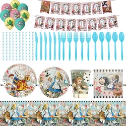 Disney Retro Alice In Wonderland Princess Birthday Party Decoration Supplies Disposable Cutlery Balloon Background Girl Kid Gift