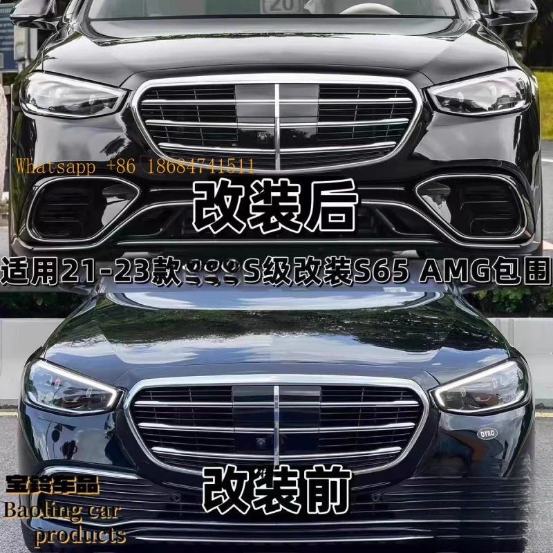 Custom S65 Style Surround Kit Front Bumper Honeycomb Grille Rear Lip Tail Pipe Trim Compatible with S Class W223 2021-2023 Luxur