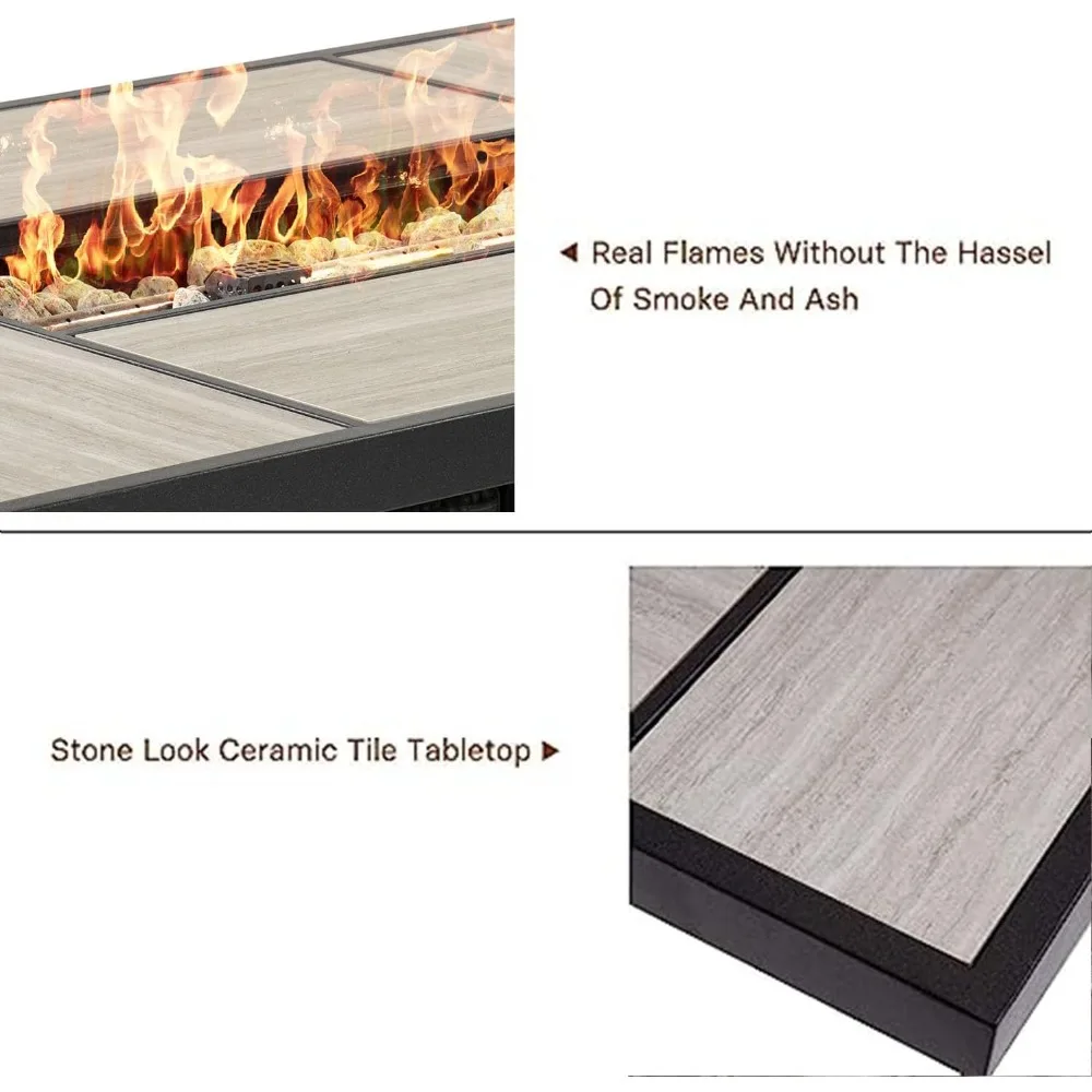 طاولة حفرة نار البروبان الخارجية مع غطاء/غطاء للفناء، 43 بوصة 60,000 وحدة حرارية بريطانية، خوص/مستطيل