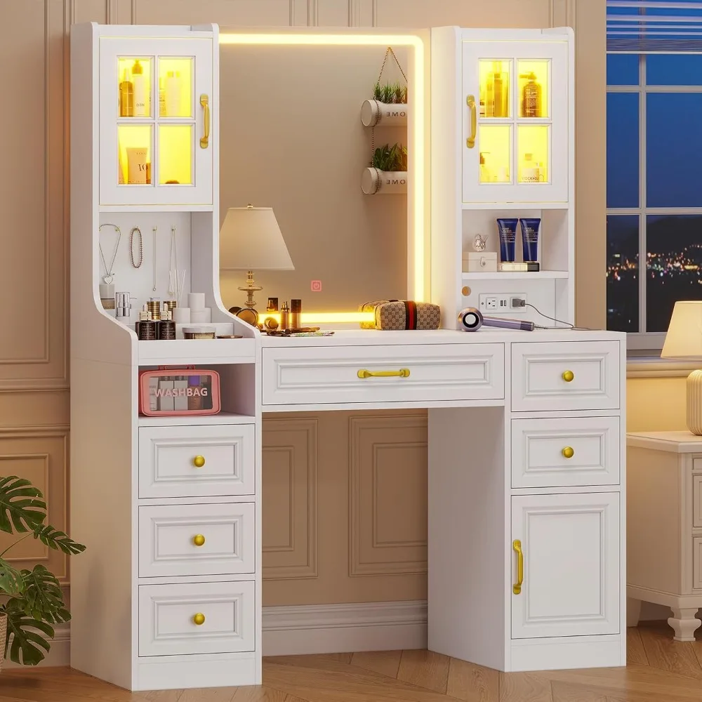 with Touch Screen Mirror and Lights, Large Makeup Vanity, 6 Drawers, 5 Jewelry Hooks, Makeups Vanities