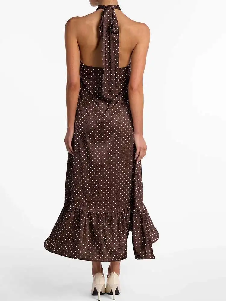 Fantoye Satin Print Polka Dot Halter Women Maxi Dress White Sexy Backless Bandage Dress Summer Slim Elegant Party Evening Dress