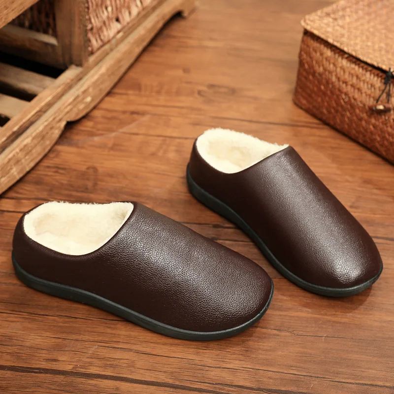 Men Winter Leather Slippers Bedroom Cotton Slippers Male Waterproof Thick Plus Velvet Indoor Warm House Home Slippers Shoes