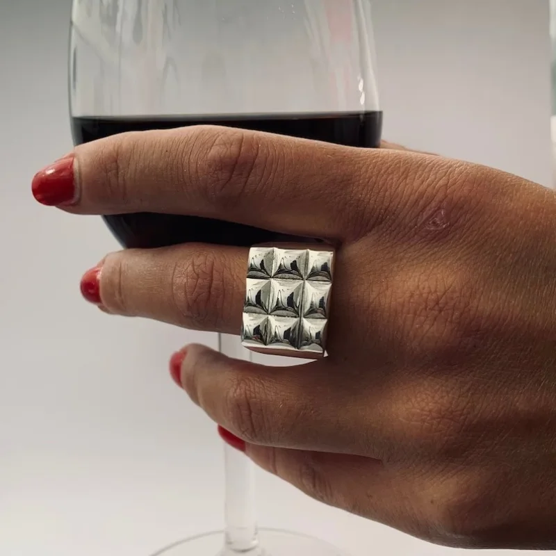Punk Checkered Texture Ring Simple Square  Ring Classic Jewelry For Women
